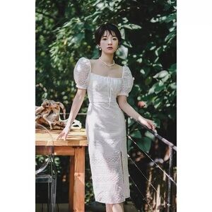 Self-Portrait White Mixed Broderie Midi Dress Eyelet Lace Puff Sleeve Size 0